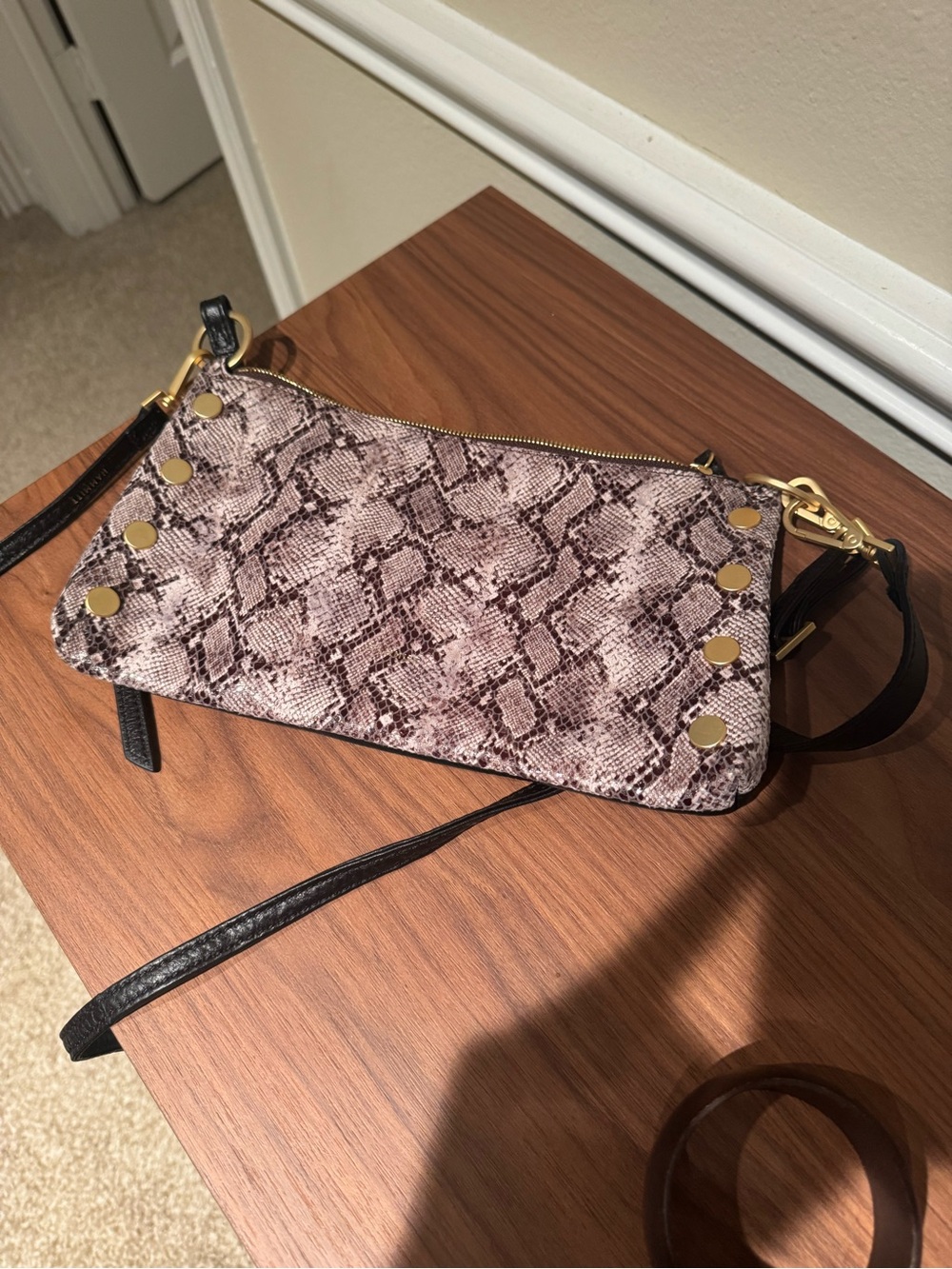 Hammitt Snake-Print Crossbody in Taupe with Gold Hardware